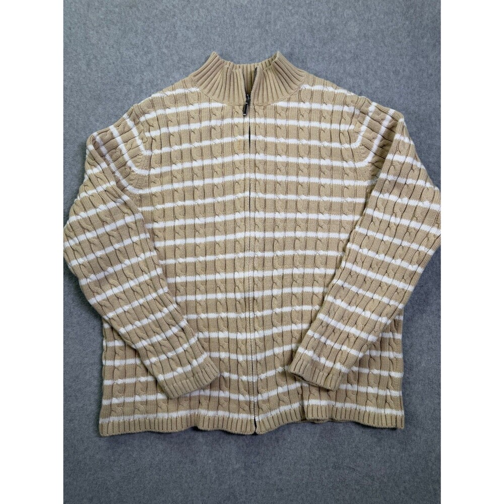 L.L.Bean Cotton Cable Knit Full Zip Sweater Jacket Tan Stripe Womens M/L